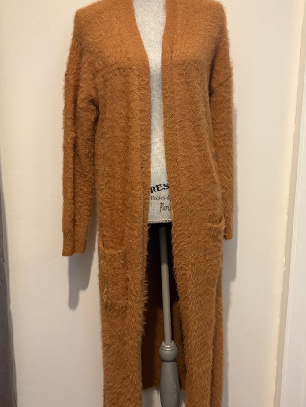 Jessica Simpson Long Fuzzy Open-Front Cardigan in Camel Brown